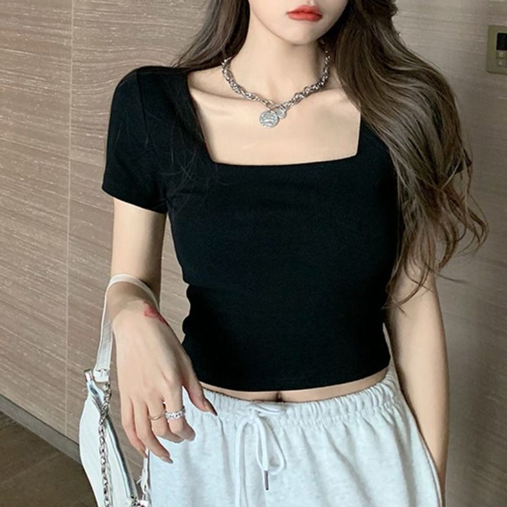 【New and Improved】 Fashion Square Collar Women T-shirt Black White Short Sleeves Women Top Solid Color Slim Fit Tee