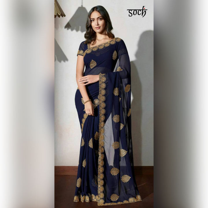 Indian Weightless Georgette Saree Blue Color High Quality Embroidery Work On Blouse