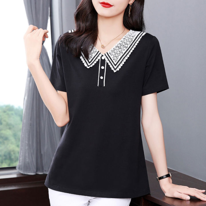 Peter pan collar short sleeve T T-shirt Women's Summer New Mom Western  Style T-shirt Small Shirt Large Size Loose Mid-Length Tops