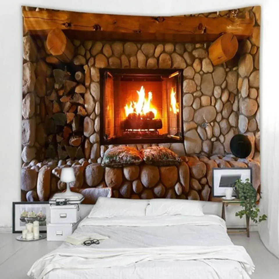 Stone Fireplace Pattern Wall Art Hanging Tapestry Room Bedspread