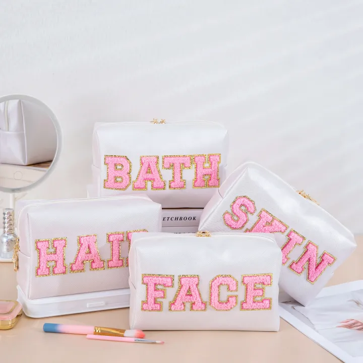 Cute%20Travel%20Chenille%20Varsity%20FACE%20Letter%20Makeup%20Bag%20Preppy%20Patch%20Cosmetic%20Pouch%20for%20Teens%20Girls%20Women%20Toiletry%20Storage%20Organizer%20-%20Image%202