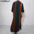 INCERUN Men Muslim Saudi Long Sleeve Robe Arab Thobe Abaya Islamic Striped Hippy Dress.