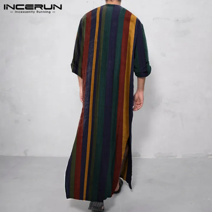 INCERUN%20Men%20Muslim%20Saudi%20Long%20Sleeve%20Robe%20Arab%20Thobe%20Abaya%20Islamic%20Striped%20Hippy%20Dress%20-%20Image%204