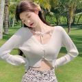Autumn Women Knitted Cardigan Sweater Solid High-Waist Single-Breasted Long Sleeve Fit Short Coat Slim Sunscreen Tops.