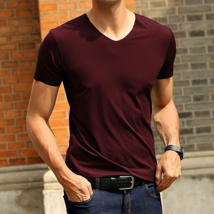 2021%20Men's%20T-shirt%20Japan%20Short%20Sleeve%20Male%20Ice%20Silk%20Trackless%20T-shirt%20V-neck%20Slim%20Summer%20Pure%20Colors%20Clothing%20T%20Shirts%20Tops%20Tee%20-%20Image%204