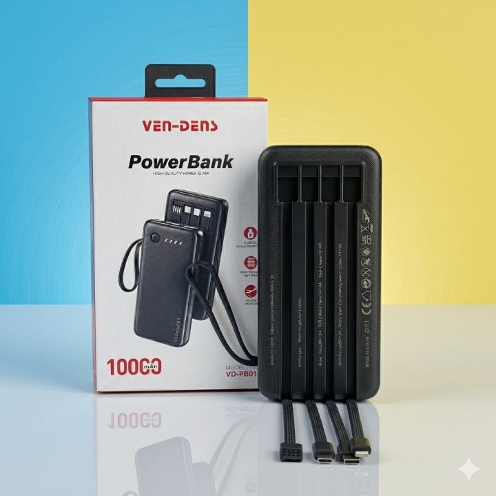 VEN-DENS 10000mAh Power Bank VD-PB058 Fast Charging Portable Charger | Dual USB Output | LED Indicator | Smart Protection | Slim & Lightweight Powerbank for Android, iPhone & All Devices