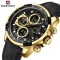 NAVIFORCE NF9197 Black PU Leather Dual Time Watch For Men - Golden & Black. 