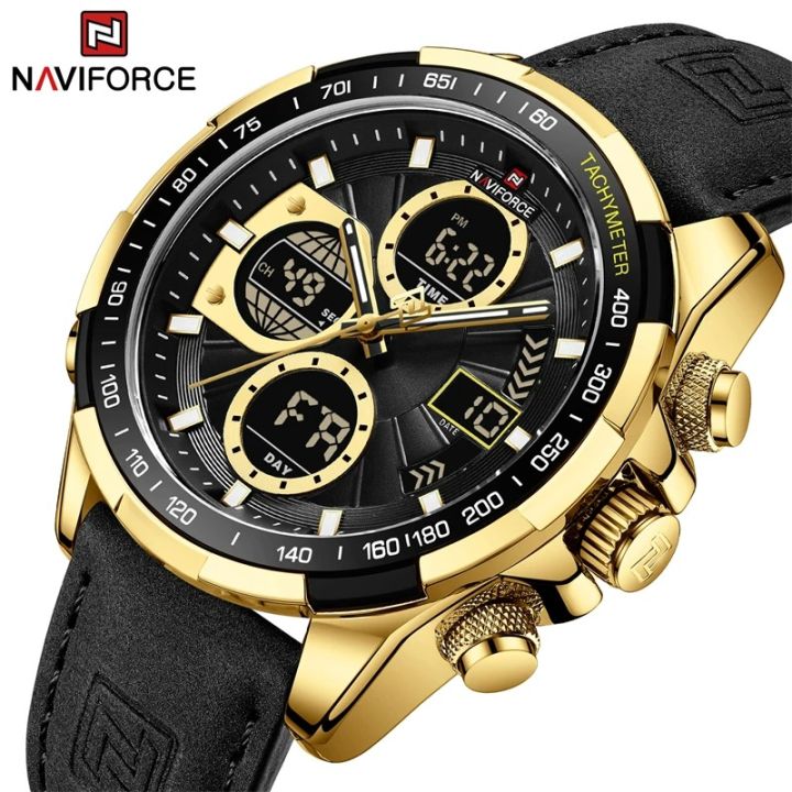 NAVIFORCE NF9197 Black PU Leather Dual Time Watch For Men - Golden & Black