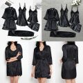 5PC Silk Robe Sleep Suit Womens Lace Satin Pajamas Gown Set V-Neck Cami Nighties Wear Pijama Home Nightwear Spring Nightdress.
