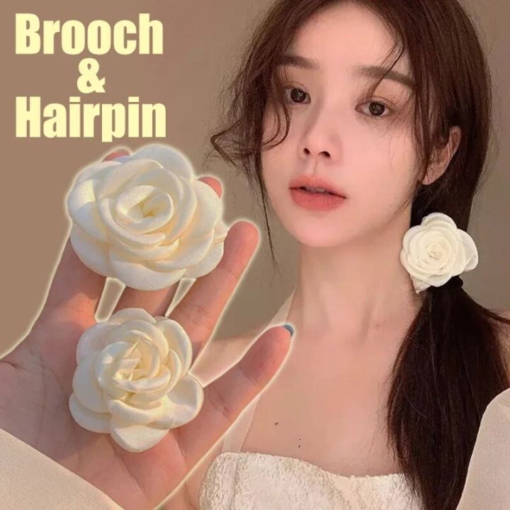 White Camellia Rose Hairpins Retro Brooch Flower Disc Hairclips Fabric Hair Clow Wedding Hair Bow Headwear Fashion Accessories
