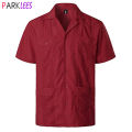 Red Four-Pocket Cuban Guayabera Shirt Men Short Sleeve Camp Collar Shirt Male Embroidered Mexican Cigar Wedding Beach Shirt. 