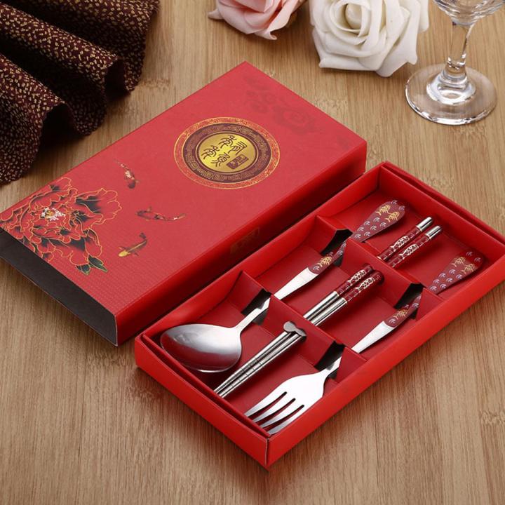 3PC Tableware Stainless Steel Chopsticks Spoon Fork Gift Box Portable Travel