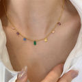 Symphony girl heart blue diamond rainbow water drop zircon seven-color necklace ins fashion titanium steel gold-plated clavicle chain.