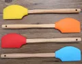 Silicone Spatula 1 pcs Set With Long Wooden Handle - Colourful Silicon Rubber Spatchula Kit With High Heat Resistant. 