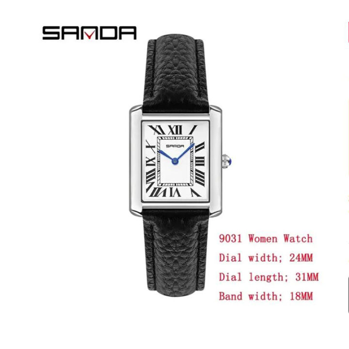 SANDA Women Quartz Watch Roman Numeral Square Leather Wristwatch Casual Lovers Water Resistant Ladies Watch 9031