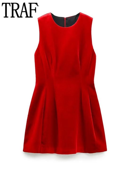 TRAF Red Velvet Dress Women Pleated Mini Dress Woman Sleeveless Evening Dresses  Ladies Winter Ruched Party Dresses for Women | Daraz.com.bd