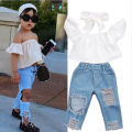 Summer girls' suit, children's one-shouldered white top, ripped jeans suit, fashion trendy girls' wear. 