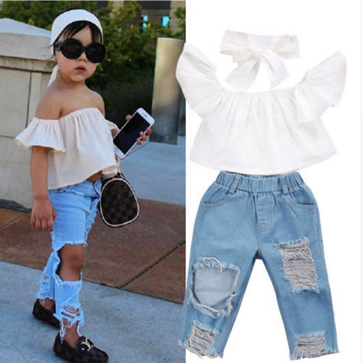 Summer girls' suit, children's one-shouldered white top, ripped jeans suit, fashion trendy girls' wear