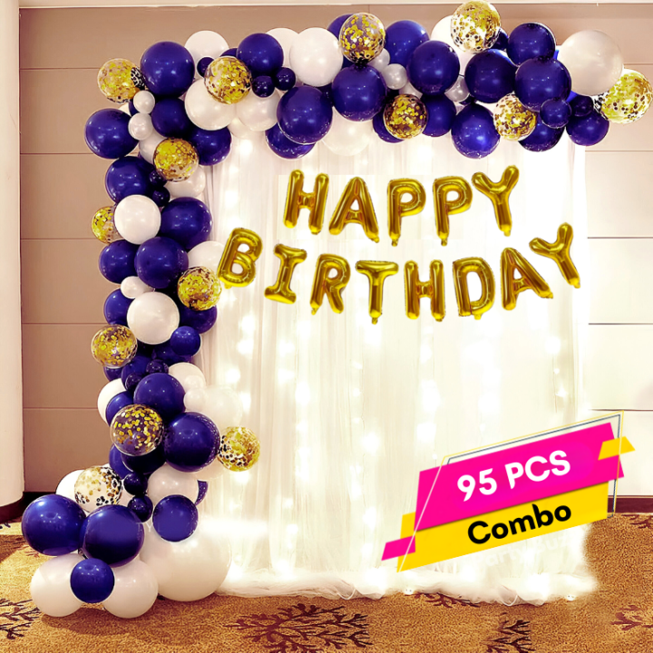 Blue Theme Birthday Decoration Combo: Includes Banner, Net Curtain, Balloons, Confetti Balloons, Balloon Arch, Both Side Tape - Complete Set for Perfect Party Atmosphere - (Pack of 95 Pcs)