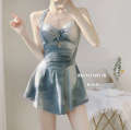 Xia Yuwei Qi [Vivian] Tie Dyed Blue Spicy Hanging Neck Skirt Style Covering Belly and Slimming One piece Swimming Suit Girl. 