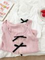 Girlish Style Contrast Color Bow Button Hollow out Stitching Lace Slim Fit Slimming and Short Niche Spaghetti-Strap Camisole Top. 