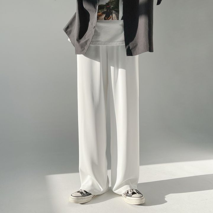 White Wide Leg Pants Men's Summer Ice Silk Casual Pants Loose Straight Mop Pants Draping Effect Wide-Leg Suit Pants