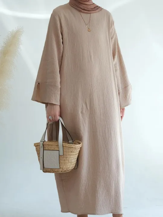 Dubai%20Causal%20Comfortable%20Abaya%20For%20Women%20100%25%20Cotton%20Saudi%20Turkish%20Clothing%20Solid%20Fashion%20Split%20Sleeve%20Muslim%20Dress%20With%20Pockets%20-%20Image%202