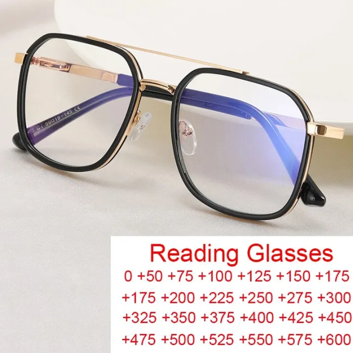 Retro Square Metal Big Frame Eyewear +1.75 Men Reading Glasses Stylish Designer Double Bridge Anti Blue Light Hyperopia Glasses