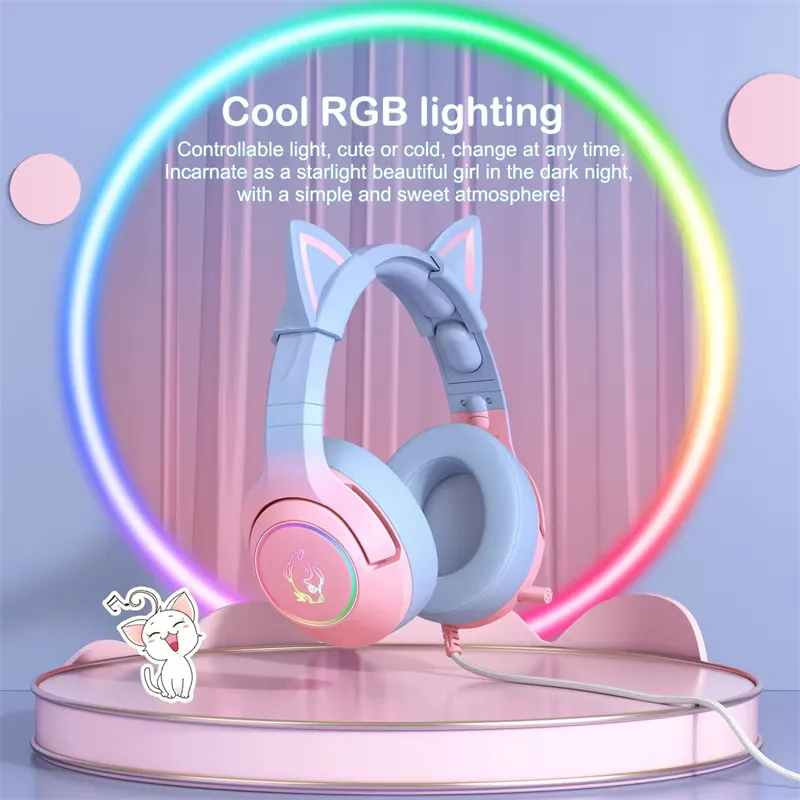 Fashion Rgb Pink Cat Ear Led Rgb Light Wired Over Ear