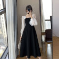 【Limited stock】 Long-sleeved Black Fried Street Hao Benfeng dress Women's New Spring and Autumn Stitching Square Collar French Skirt Vintage A- line Skirt（45kg-50kg）. 