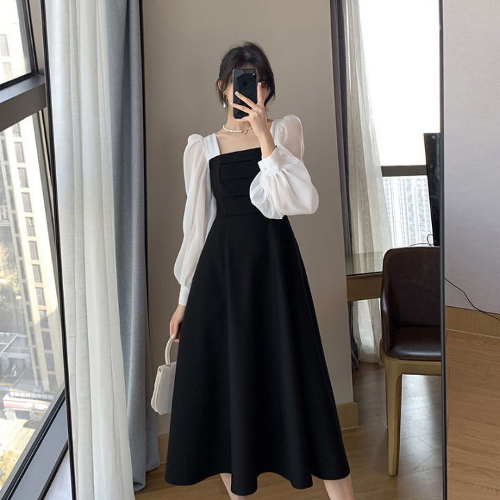 【Limited stock】 Long-sleeved Black Fried Street Hao Benfeng dress Women's New Spring and Autumn Stitching Square Collar French Skirt Vintage A- line Skirt（45kg-50kg）
