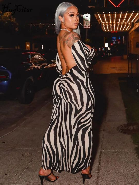 Hugcitar Striped Print Slash Neck Long Sleeve Backless Ruched Slim Maxi  Dress 2023 Autumn Fashion Outfit Party Streetwear