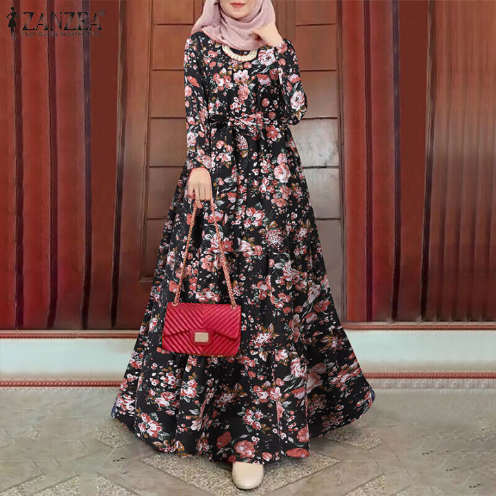 ZANZEA%20Muslimah%20Women%20Muslim%20Long%20Sleeve%20Belted%20Layered%20Floral%20A-Line%20Holiday%20Maxi%20Dress%20-%20Image%202