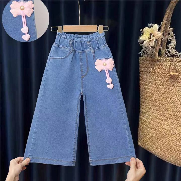 Girls' summer denim wide-leg pants for little girls 2024 new trendy cropped pants stretch foreign style children's pants