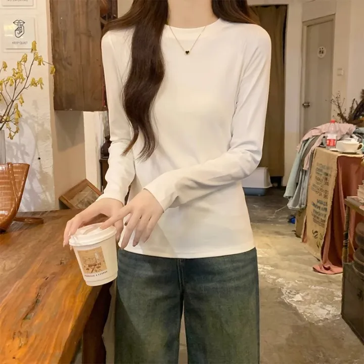Women's%20cotton%20long-sleeved%20T-shirt%20elastic%20slim%20fit%20round%20neck%20tight%20inner%20wear%20simple%20all-match%20autumn%20and%20winter%20bottoming%20shirt%20top%20-%20Image%202