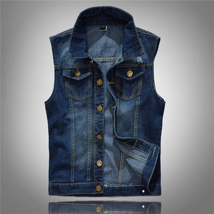 Male Jean Coat Ripped chaleco hombre Men Jacket Vests Large Size