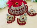 Indian Gold-Plated Wedding Necklace Set Thai Stone Choker with Earrings and Tikli.