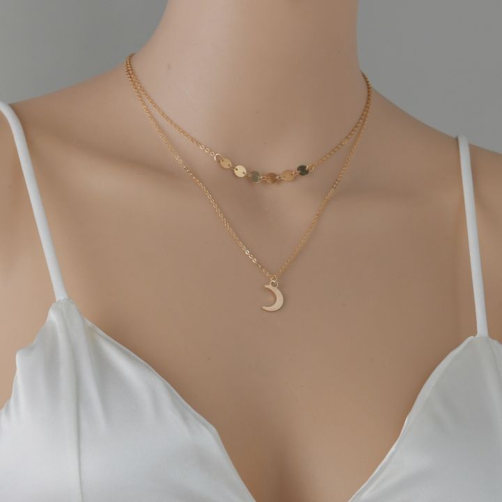 European and American cross-border jewelry gold chain iron single pendant moon disc chain pendant double necklace