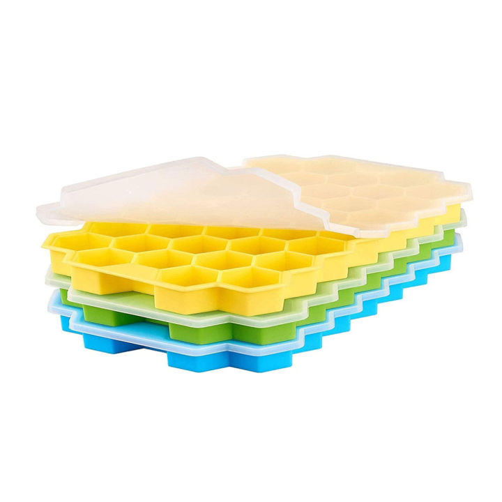 Ice Cube Tray with Silicon Ice Mold Trays Flexible Silicone Honeycomb Design 37 Cavity Ice Cube Tray with Lid Multicolor