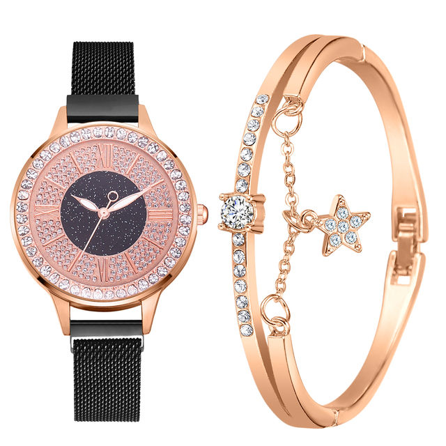 2pcs Set Luxury Women Watches Magnetic Rhinestone Female