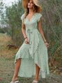 Summer Elegant Floral Long Dress Women Casual Bandage Irregular Slit Boho Beach Dress Fashion Green V Neck New In Dresses 2023.