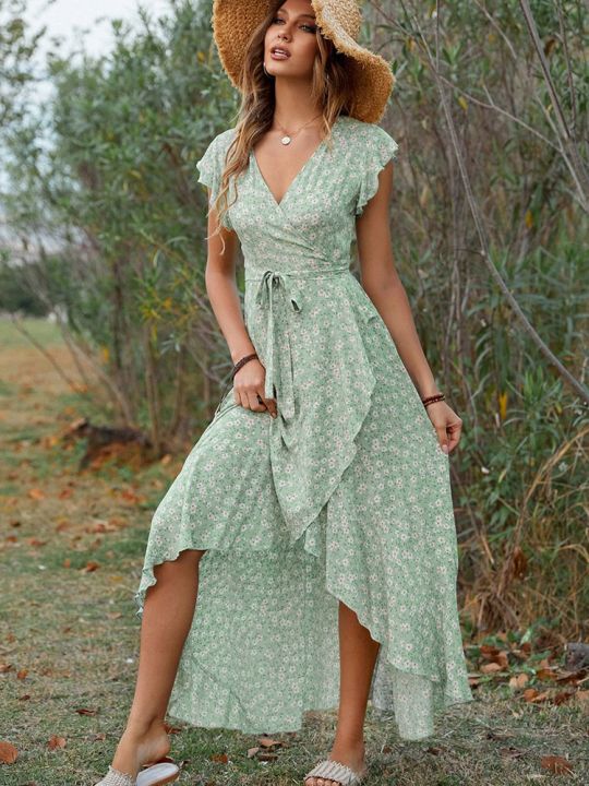 Summer%20Elegant%20Floral%20Long%20Dress%20Women%20Casual%20Bandage%20Irregular%20Slit%20Boho%20Beach%20Dress%20Fashion%20Green%20V%20Neck%20New%20In%20Dresses%202023%20-%20Image%204