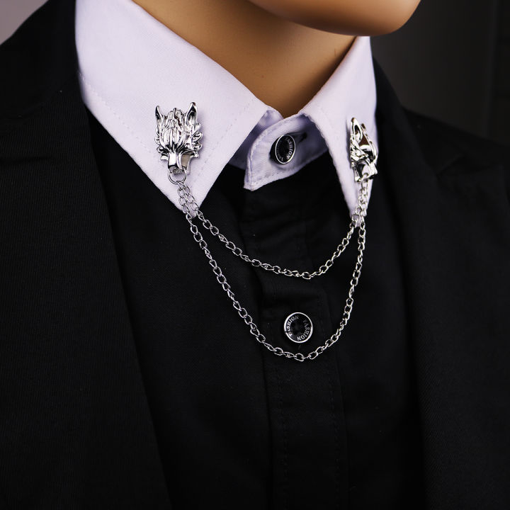 Wolf Pin Brooch Chain for Men Stylish Collar Accessory with Bold Head Design, Suit Lapel Decoration Piece
