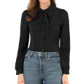 Women's Button Down Shirt Peter Pan Collar Tie Neck Workwear Blouses XS White.
