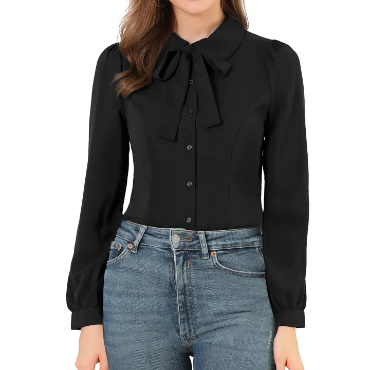 Women's%20Button%20Down%20Shirt%20Peter%20Pan%20Collar%20Tie%20Neck%20Workwear%20Blouses%20XS%20White%20-%20Image%203