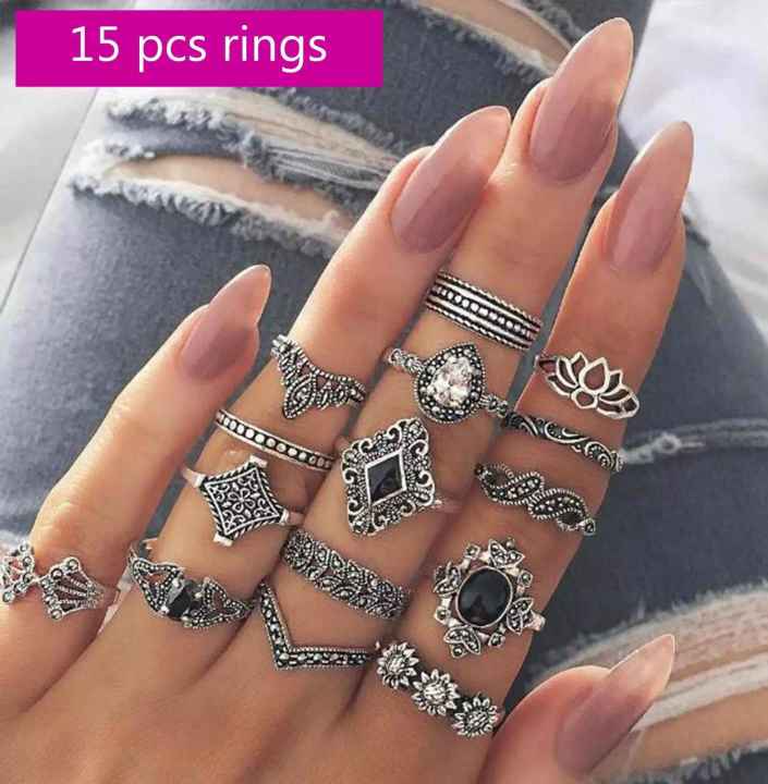 15%20Pcs/Set%20Bohemian%20Retro%20Crystal%20Flower%20Leaves%20Hollow%20Lotus%20Gem%20Silver%20Ring%20Set%20-%20Ring%20For%20Girls%20-%20Image%202