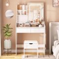 Vabches Vanity Desk with LED Light Mirror and Charging Station, Small Cute Vanity Set with 4 Storage Shelves 2 Drawers, Vanity f. 