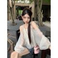 Gentle Korean Style off-the-Shoulder Strap Top Women's Summer High-Grade Temperament Wild Loose Lantern Sleeve Sun Protection Shirt. 