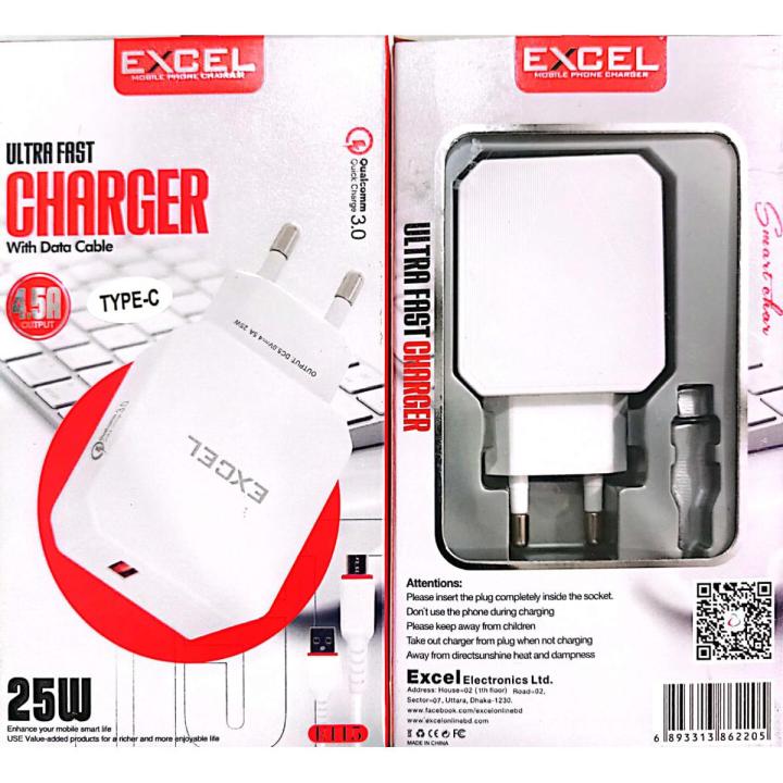 Excel B-24 Fast travel charger Adapter | 3.4A (18W) Auto-ID fast charger compatible with smartphones, tablet PCS and other mobile devices | Micro USB, Typ C