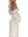Women's Solid Color Satin Long Dress, Slit Long Sleeve Off Shoulder Backless Back Zipper Slim Dress for Party Club.